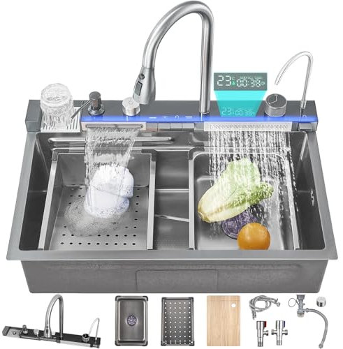 Ribanedy 90 cm Lavello da cucina intelligente in acciaio inossidabile 304, lavello moderno multifunzionale a cascata con rubinetto integrato con display digitale, lavatazze e set di accessori