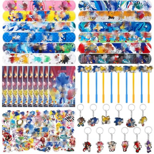 94Pcs Party Mitgebsel Kindergeburtstag Spielzeug Set mit 50 Aufkleber 12 Schlüsselanhänger 10 Geschenktüten 12 Schnapparmband 10 Gel Stift Mitbringsel Geschenk Kinder Party Zubehör Geburtstag Deko