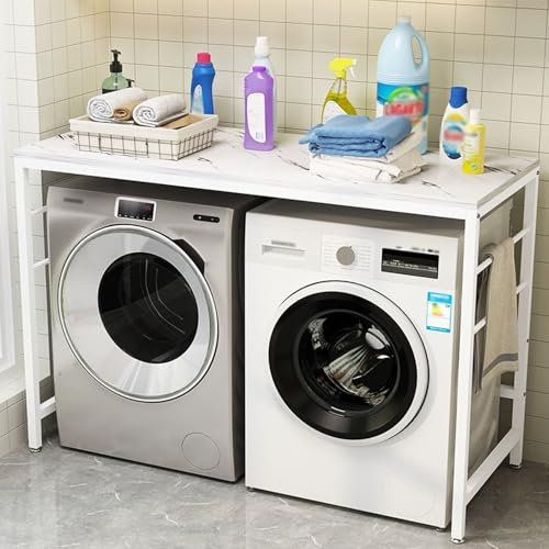 Soporte Lavadora Secadora Estante de Almacenamiento de Pie para Lavadora y Secadora, Encimera de Madera para Lavandería Sobre Lavadora y Secadora, Soporte para Lavadora y Secadora con Barra Lateral(Wh