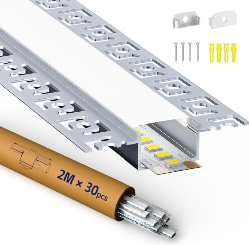 HOOLED LED Profil 2 m für LED - Streifen 30 Stück Trockenbauprofil (Lamellen 64mm) Geeignet für alle Streifen bis 20mm Mit milchweißer PC-Abdeckung