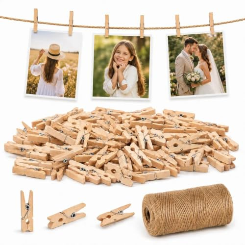 100 Stück Wäscheklammern Holz mit 100M Fotoseil,Mini Holzklammern für Fotos | 3,5cm Mini klammern Kleine Wäscheklammern Bastelschnur für Fotogirlande, Aufhängen von Fotos, Postkarten, DIY-Dekoration