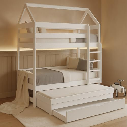 ALAVYA HOME® Etagenbett CASA 80 x 160 cm Hochbett Kinderbett 80x160 cm mit Lattenrost und Rausfallschutz FSC®‑zertifiziertes Kiefernholz mit integriertem Gästebett und Schublade