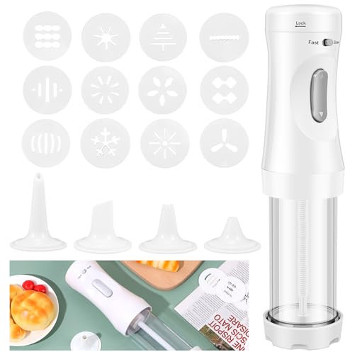Electric Cookie Press Gun Kit for Baking Cookies Press Maker Set with 12 Cookie Discs and 4 Icing Nozzles Detachable Cookie Machine Biscuits for Biscuits Cake Dessert DIY Maker Baking Supplies