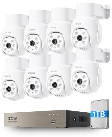 ZOSI 2MP PTZ Kit Caméra de Surveillance Extérieure Filaire DVR 8CH 1TB | Pan et Tilt Vue à 360°, Détection de Personne/Véhicule, Vision Nocturne 20m et Enregistrement 24/7