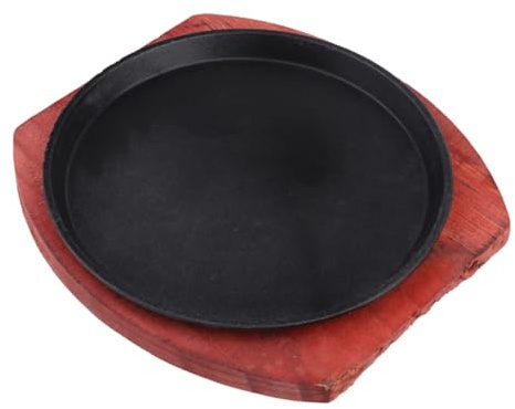 Mobestech Thickened Cast Iron Griddle Set with Wooden Steak Plate Round Non-Stick BBQ Grill Plate for Home and Restaurant Use Compatible with Induction Hob and Gas Stove for Steaks and