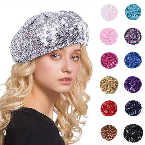 Baskenmütze Damen Pailletten Hut Faschingsmütze Disco Hut Kappe Paillettenmütze mit Glitzer Paillettenbesetzte Barett Trend Maler Mützen Winter Beanie Mütze Karneval Party Club Festival Outfit