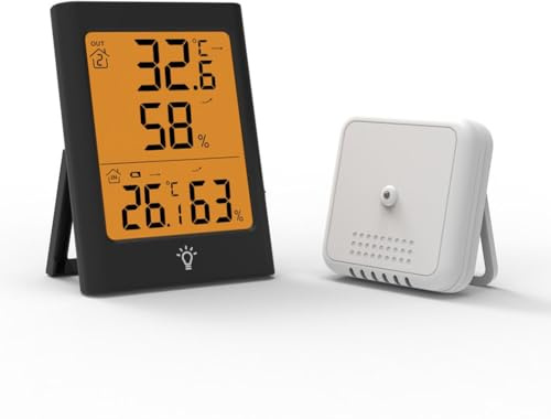 FUBESK Thermometer Funk Digital für Innen und Außen mit Temperatur- und Luftfeuchtigkeitsmesser, großes Display und wasserdichtes Design, Weiß/Schwarz