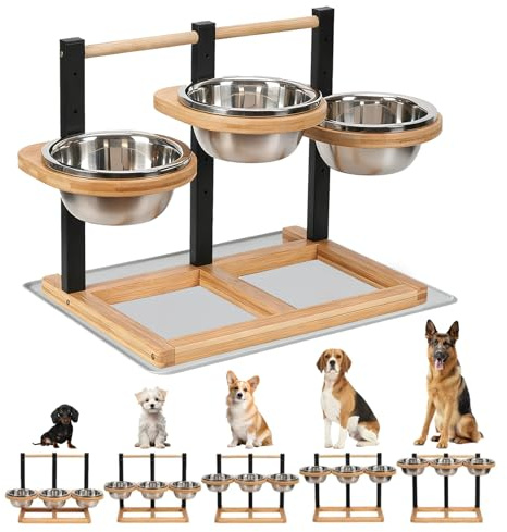 Adjustable Height Pet Dog Bowl 5-level height-adjustable dog bowl, featuring 3 x 1400ml stainless steel bowls + anti-spill, non-slip mat.