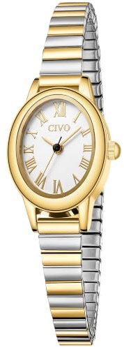 CIVO Vintage Armbanduhr Damen Kleine: Oval Gehäuse Römisches Zifferblatt Analoge mit Elastisches Armband - Zarte Gold Silber Damenuhr Geschenke zum Jahrestag Valentinstag