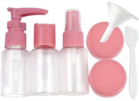 Reiseflaschen Set 7-teilig mit Kulturbeutel – 30 ml Reisebehälter mit Pumpflasche, Sprühflasche & Döschen + Trichter & Spatel – auslaufsicher, nachfüllbar, handgepäcktauglich, Farbe: Rosa