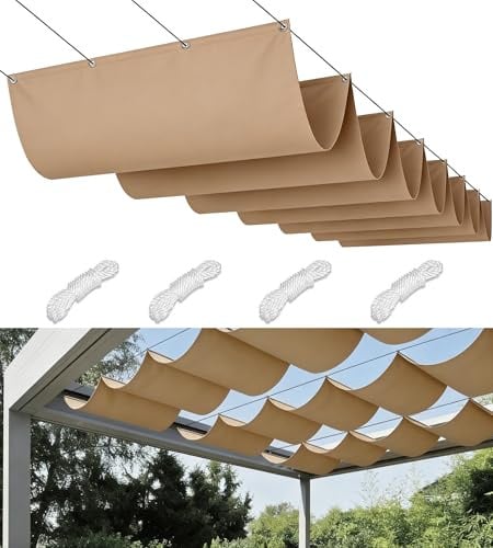 Voile Ombrage Rétractable Vague 3x5M Imperméable Rectangulaire Toile D'ombrage Filet D'ombrage Bâche Ombrage Protection UV Solaire pour Jardins Balcons Pergola Terrasse Kaki