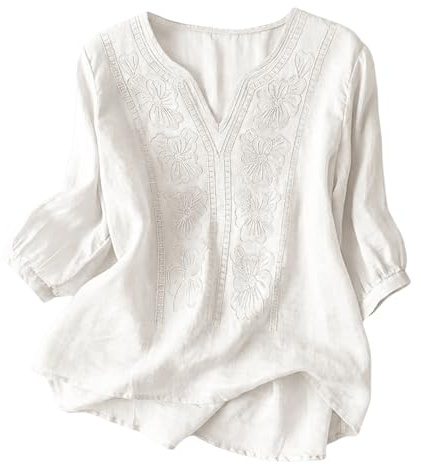 Yinguo Ladies Tops Women's Summer Cotton Linen Shirts - Boho Short Sleeve T-Shirt V Neck Tunic Fashion Baggy Solid Plain Casual Shirts Trendy Blouse for Daily Holiday Hikking