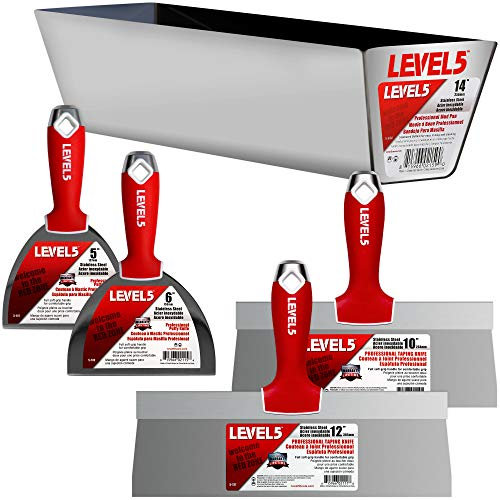 Trockenbau-Handwerkzeug-Set, Edelstahl - LEVEL5 | Fugen-/Tapiermesser + 35,6 cm Schlammpfanne | Soft-Grip-Griffe | Pro-Grade | 5-600