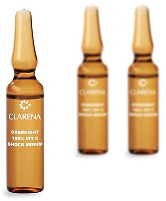 Clarena - Intensiv verjüngendes Serum mit Vitamin C - 10 Ampullen x 3 ml - Über Nacht - Overnight 100% Vit C Shock Serum - Serum für Gesicht, Hals und Dekolleté - Aldavine TM 5X - Intensive