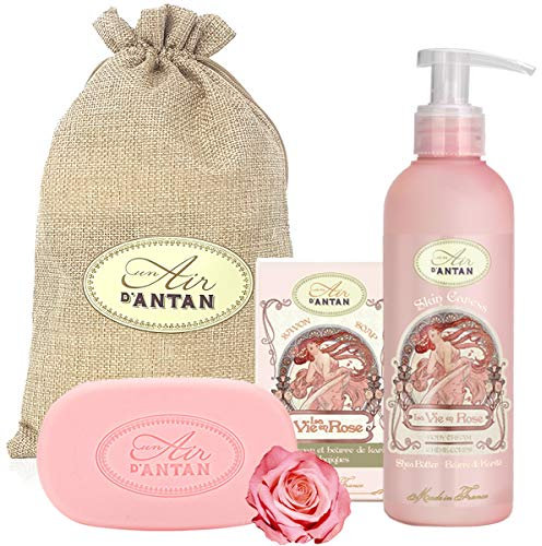 Französisches Beauty Set ROSE. Un Air D’Antan® 1 Stück Seife 100g Mit Bio Ölen/ 1 Bodylotion 200ml Mit Sheabutter In Einem Jutebeutel. Duft: Rose, Pfirsich/Wellness Geschenkset/Mutti Geschenk