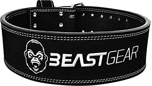 Beast Gear Leather PowerBelt – Premium Powerlifting Gürtel mit Doppelter Dornschließe - 10,2cm x 10mm Nubukleder Kraftsport Gewichthebergürtel Nietengürtel - L