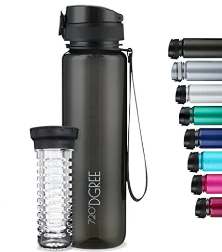 720°DGREE Trinkflasche 1l “uberBottle“ crystalClear +Früchtebehälter - BPA-Frei, Auslaufsicher - Wasserflasche für Sport, Fitness, Uni, Outdoor - Tritan Sportflasche Leicht, Stoßfest, Wiederverwendbar