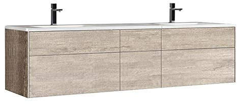 StoneArt Badmöbel Set mit Mineralguss Waschbecken und Unterschrank Waschtisch als Einzel- oder Doppelwaschbecken mit Unterschrank ohne Armaturen Venice VE-2000-II Eiche hell 200cm