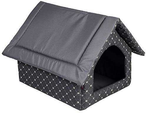 Elegant Hundehöhle, Hundehütte | Größe S: 28 x 32 x 27 cm | Farbe: Schwarz - Muster: Pfoten | Hundehaus für kleine Hunde | Katzenhaus, Katzenhöhle