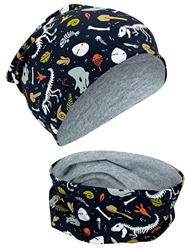 HECKBO Dinosaurier Skelett Beanie & Loop Schal Set - Wendemütze für Kinder 2-8 Jahre - Atmungsaktive Baumwolle - Schutz vor Kälte & Wind - Jungen Beanie, Dinosaurier Skelett, Einheitsgröße
