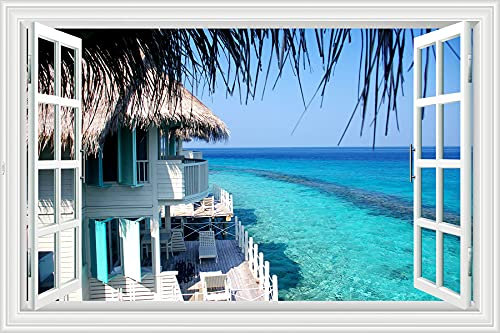 Lichi Adhesivo mural 3D para ventana falsa de océano, playa, cocotero, vista, paisaje con villa