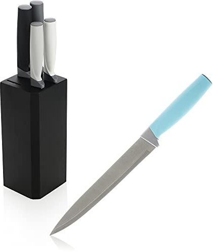 com-four® 5-teiliges Messerset mit Halterung - Messer aus Edelstahl für verschiedene Anwendungen - Scharfe Küchenmesser im Messerblock (Set8-5-teilig - Messerholzblock)