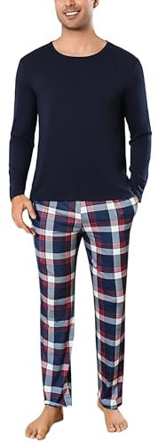 Uniexcosm Pyjama Homme Coton Long Ensembles de Homme Hiver Carreaux Col Ronde Manches Longues Ensemble de Nuit Homme avec Poches Latérales B-Bleu Foncé L