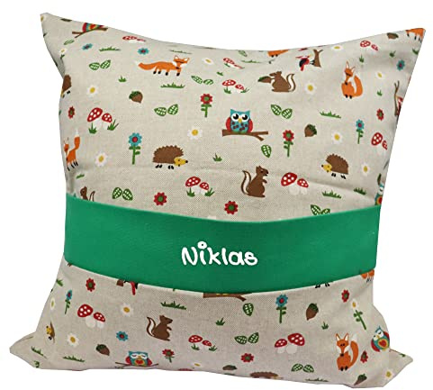 Kinderkissen 40x40cm Waldtiere grün mit Namen und Geheimfach Spielekissen Kissen personalisiert - Geschenk zu Weihnachten Nikolaus Geburtstag Schulanfang Ostern - Personalisiertes Dekokissen Kinder