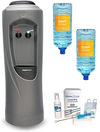 Hydrate Direct Core Water Cooler Package 3 | Water Dispenser Plus 2 x 15L Bottles of Natural Mineral Water and Sanitisation Kit, Hot & Chilled Temperature, Grey/Silver