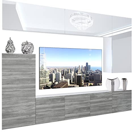 BELINI Wohnwand Wohnzimmer-Set Vollausstattung Moderne Schrankwand mit LED-Beleuchtung Anbauwand TV-Schrank Weiß ganzes Oberteil/Glamourholz