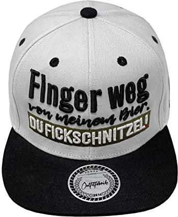 Outfitfabrik Snapback Cap Finger Weg von Meinem Bier, du Fickschnitzel in weiß mit schwarzem Schirm und 3D-Stick (Statement, Festival), One Size, verstellbar, Unisex