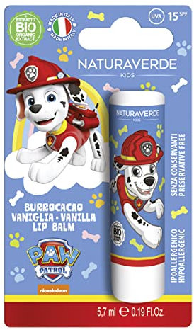 Naturaverde | Kids - Paw Patrol - Burrocacao alla Vaniglia, Burro Cacao Bambini con Burro di Karité BIO, con Filtri UVA-UVB - SPF 15, Lipstick da 5,7ml