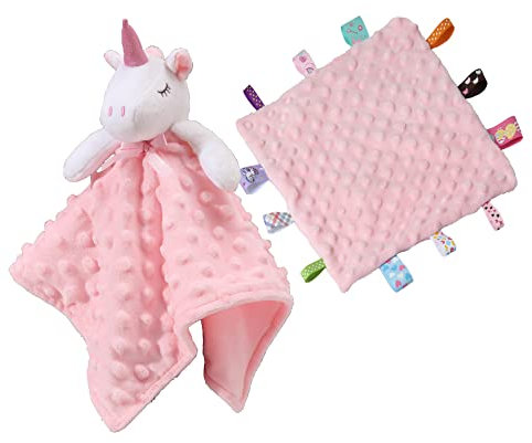 CREVENT Baby Schmusetuch,Plüsch Komfort Schnuffeltuch für Neugeborene,Weich & Waschbar Kuscheltuch Schlaftier für Babys und Kleinkinder,Spielzeug 0+ Monate (Rosa Einhorn + Etikett)