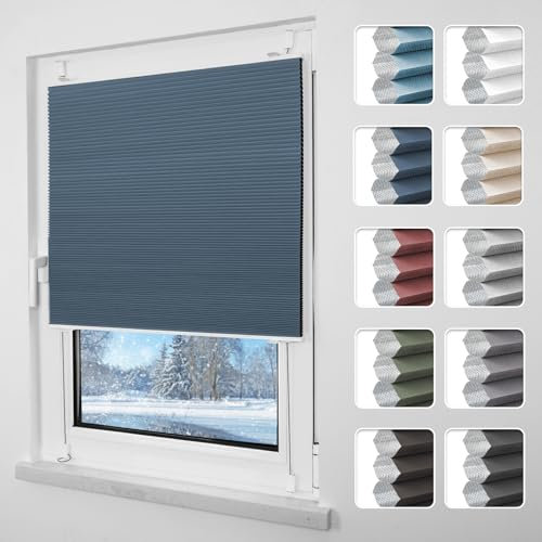 Grandekor Plissee ohne Bohren Verdunkelung 70x110cm weiß-blau, Wabenplissee ohne Bohren Thermo Doppelplissee Klemmfix 100% Verdunkelnd Sicht- & Sonnenschutz Plissee Rollos für Fenster & Tür