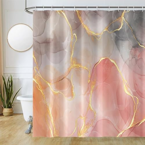 Uiiooazy Rideau Douche Anti Moisissure, Rideau de Douche 180x180cm Rose Effet Marbre Gris Jaune Rideaux de Baignoire Tissu Lavable Imperméable Polyester Rideaux Salle de Bain avec 12 Crochets