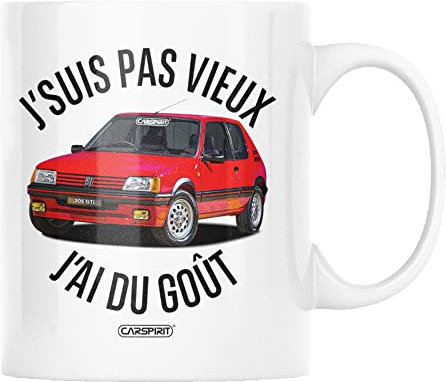 Mug humour 205 GTI | blanc brillant en céramique | j'suis pas vieux j'ai du goût | idée cadeau fan voiture youngtimer