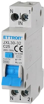 ETTROIT INTERRUTTORE MAGNETOTERMICO DIFFERENZIALE SALVAVITA PER BARRA DIN 1 MODULO 1P+N 25A C25 240V 30mA 4.5KA