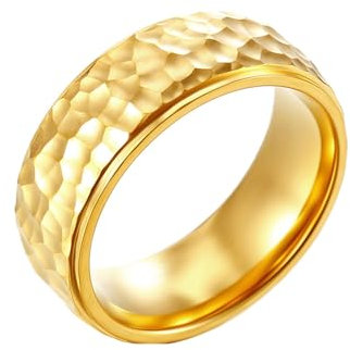 Mesnt Ringe Herren Edelstahl, Herren Verlobungsring 8MM Comfort Fit Ring mit Hammerschlag-Muster Hochglanzpoliert, Gold, Größe 62 (19.7)