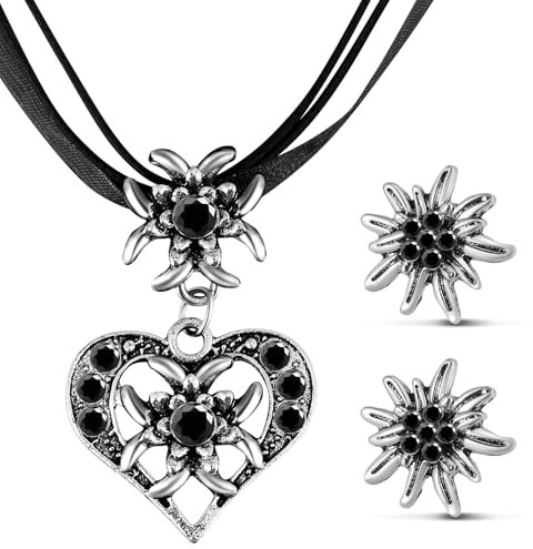 Patelai 3 Stück Trachtenschmuck Set Bayerisch Dirndlschmuck Trachtenkette mit Strass Edelweiß Herz Anhänger und Edelweiß Ohrstecker für Damen Bierfest Trachten Dirndl Outfit Accessoires (Schwarz)
