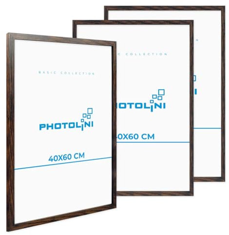 PHOTOLINI Bilderrahmen 40x60 Eiche dunkle 3er Set Holz MDF, Bilderrahmen 60x40, picture frame 40x60 mit bruchsicherem Acrylglas zum Aufhängen, Rahmen 60x40 mit extra Zubehör - für Fotos & Poster