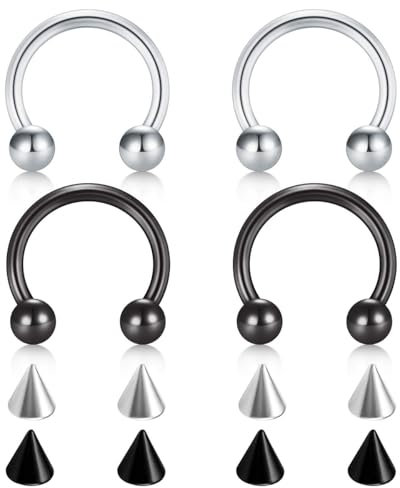 FECTAS Hufeisen Ringe Chirurgenstahl Nase Septum Hufeisen Ohrring Augenbraue Tragus Lippen Ringe Daith Helix Piercing Schmuck für Frauen Männer 14g 10mm Silber Schwarz