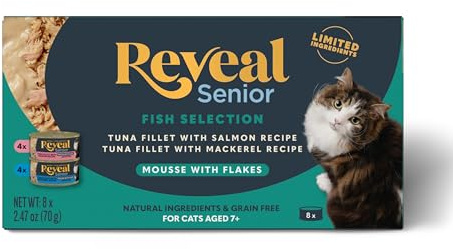 Reveal Natural Wet Senior Cat Food Flakes, Limited Ingredient, Grain-Free with High Protein with No Artificial Additives, Tuna Fillet Flakes in Mousse (8 x 2.47 oz Cans)
