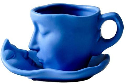 soulnioi Ensemble tasse à thé et soucoupe en céramique avec visage humain qui s'embrasse, tasse à café (260 ml), cadeau créatif pour les amis/la famille (bleu)