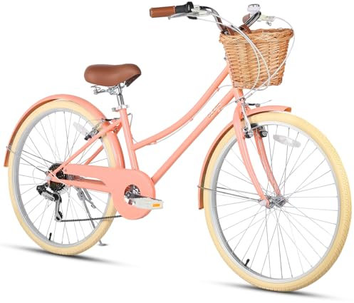 Glerc 24 Inch Girls Cruiser Bike 6-Speed Cruiser Women's Hybird Bicycle for Ages 7 8 9 10 11 Years Old with Wicker Basket. Lightweight Frame and Fork, Peach
