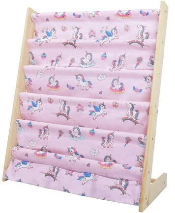 wooshwa Bibliothèque pour Enfants, Rangement sur 5 Niveaux, Etagere Livre et Meuble pour Chambre de Bebe, Etagère en Bois avec 3 Poches(Licorne)