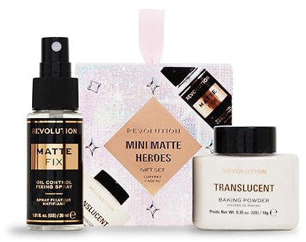 Revolution Beauty Mini Matte Heroes Geschenkset, Mini Set mit Mattierendem Fixierspray & Transparentem Puder, Vegan & Tierversuchsfrei