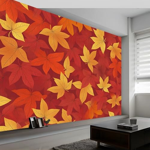 Générique Papier Peint Panoramique, Orange 3D Peinte Plantes Texture Feuilles d’Automne Intissé Murale, 450 x 315 cm (L x H) Photo Murale pour Salon Chambre d'enfants Restaurant Décoration Murale
