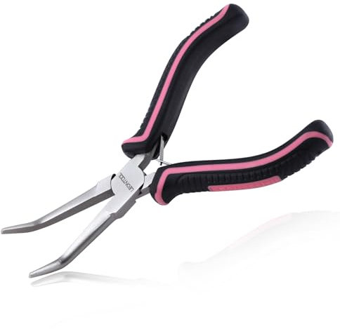 LEONTOOL Mini gebogene Spitzzange Glatte Backen Kleine gebogene Spitzzange Pinzette Lange Nase Zange Schmuckzange Rosa Werkzeug für die Schmuckherstellung, Drahtwickeln und Greifen von Gegenständen