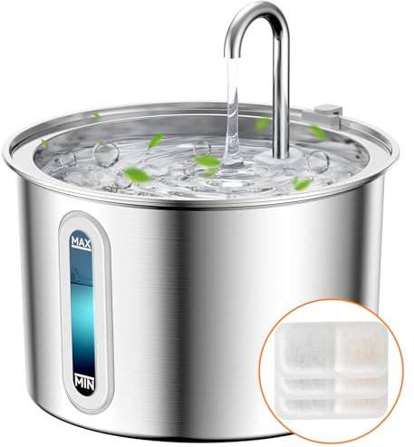 oneisall Cat Water Fountain for Drinking,2L Stainless Steel Cat Fountain Faucet Design,Ultra Silent Pet Water Fountain with 3 Pack Filters,Visible Water Level Pet Water Fountain Dishwasher Safe