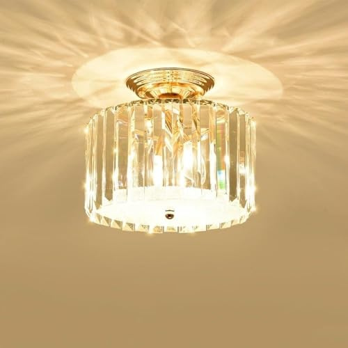 Crystal MI-NI Dekorieren Sie den Flur in der Nähe der Deckenleuchte, halbbündige Deckenleuchte mit goldenem Trommelschirm, dimmbarer LED-Kronleuchter, Kunst-Kronleuchter